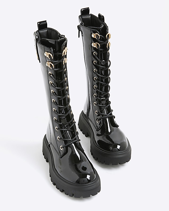 river island Girls Black Lace Up Knee High Boots