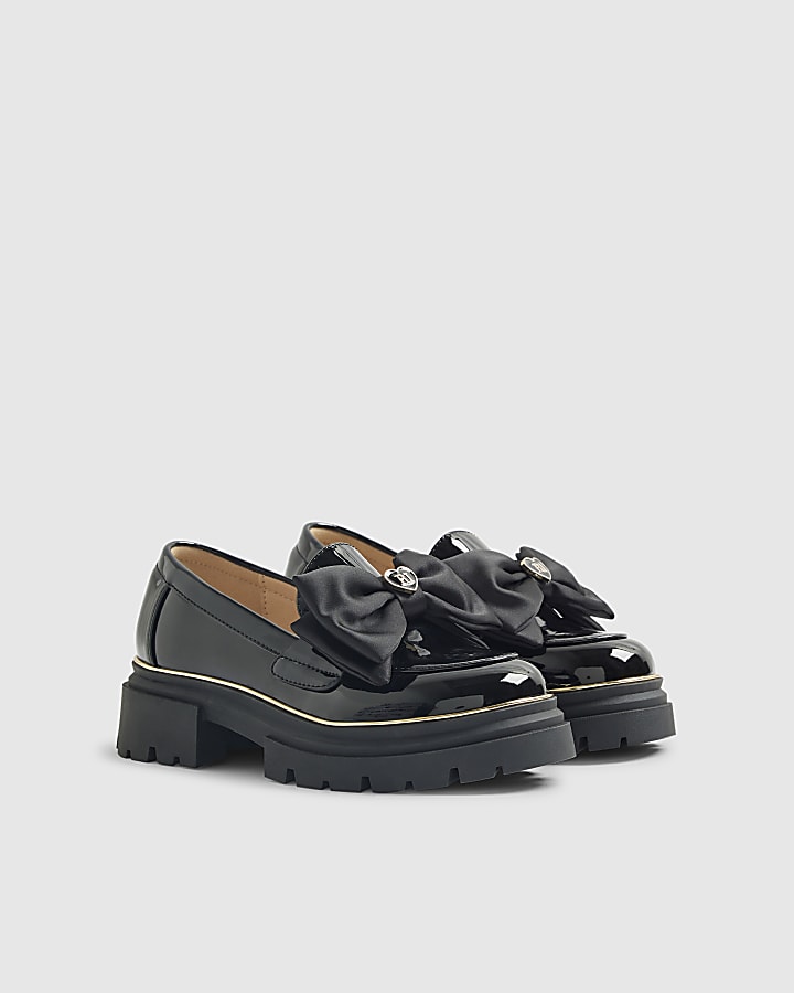 River Island Girls Black Patent Bow Chunky Loafers