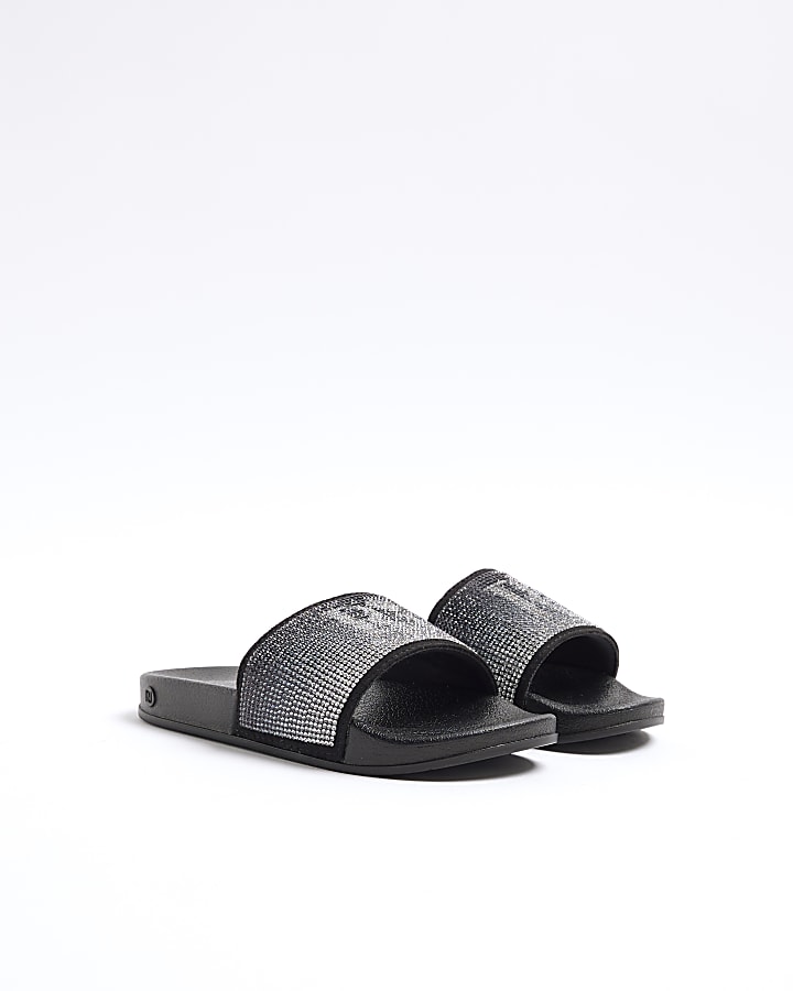 River Island Girls Black RI Diamante Sliders