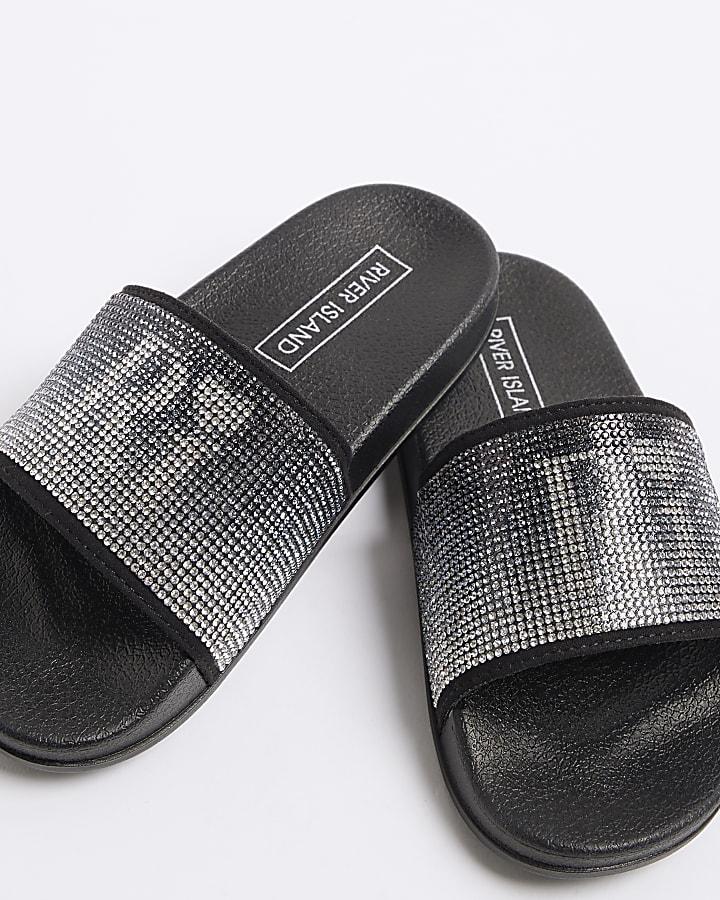 River Island Girls Black RI Diamante Sliders