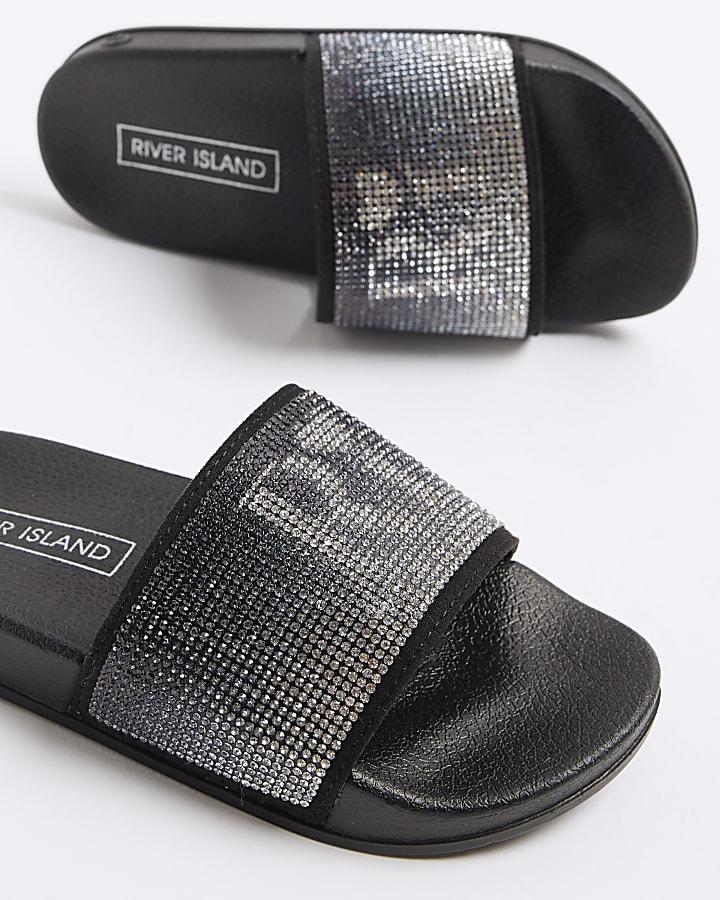 river island Girls black RI diamante sliders