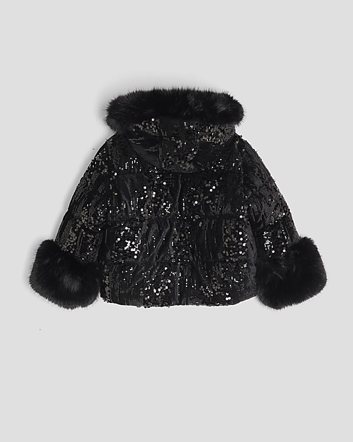 River Island Girls Black Sequin Puffer Coat