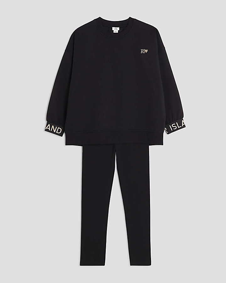 River Island Girls Black Split Back Sweatshirt Set