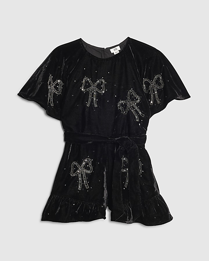 River Island Girls Black Velvet Bow Playsuit