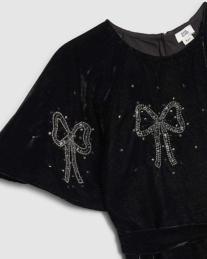 River Island Girls Black Velvet Bow Playsuit