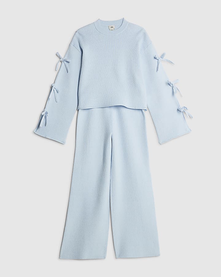 River Island Girls Blue Cut Out Bow Jumper Set