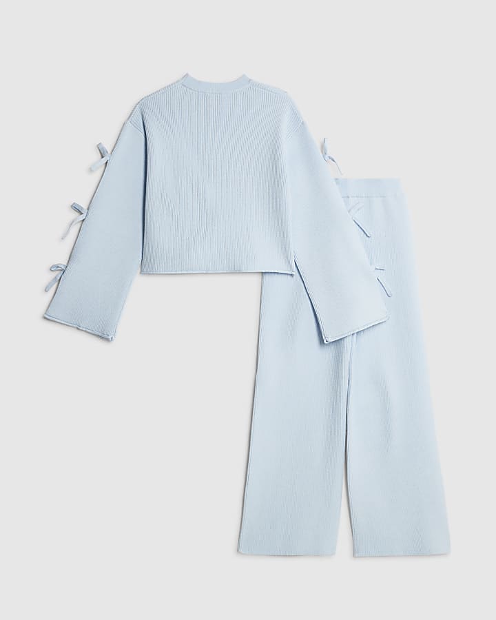 River Island Girls Blue Cut Out Bow Jumper Set