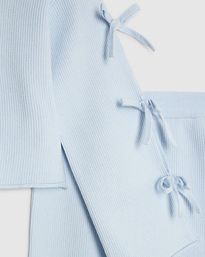 River Island Girls Blue Cut Out Bow Jumper Set