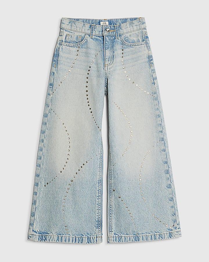 River Island Girls Blue Diamante Wide Leg Jeans