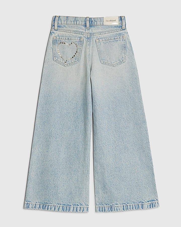 River Island Girls Blue Diamante Wide Leg Jeans
