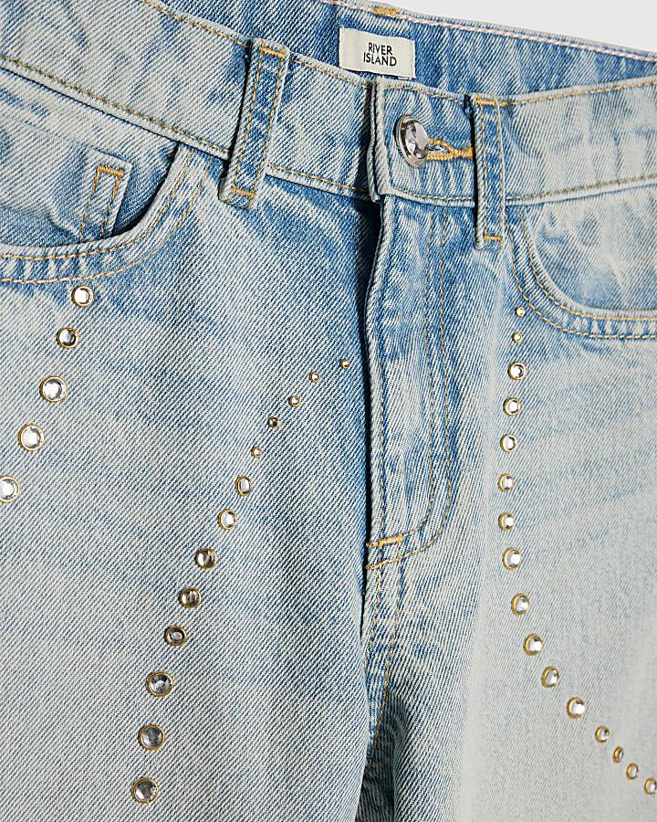 River Island Girls Blue Diamante Wide Leg Jeans