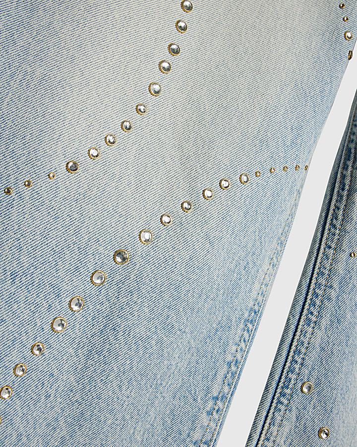 river island Girls Blue Diamante Wide Leg Jeans