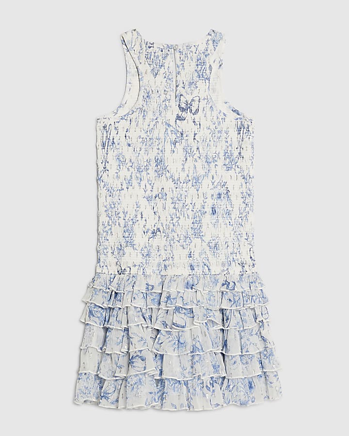 River Island Girls Blue Floral Chiffon Hem Dress