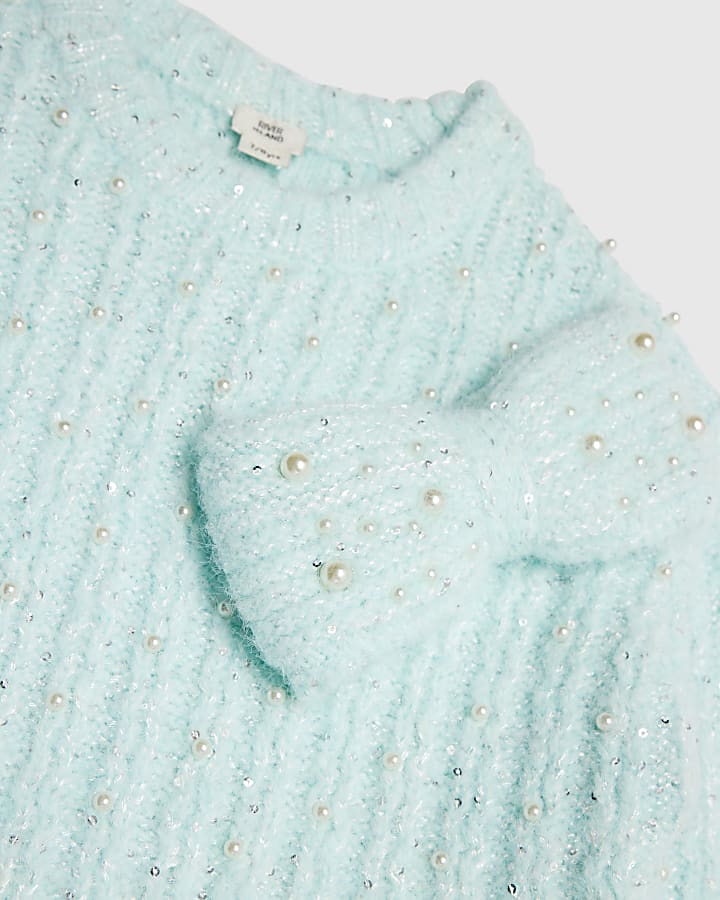 River Island Girls Blue Pearl Bow Jumper Dress
