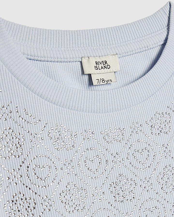River Island Girls Blue RI Diamante T-Shirt