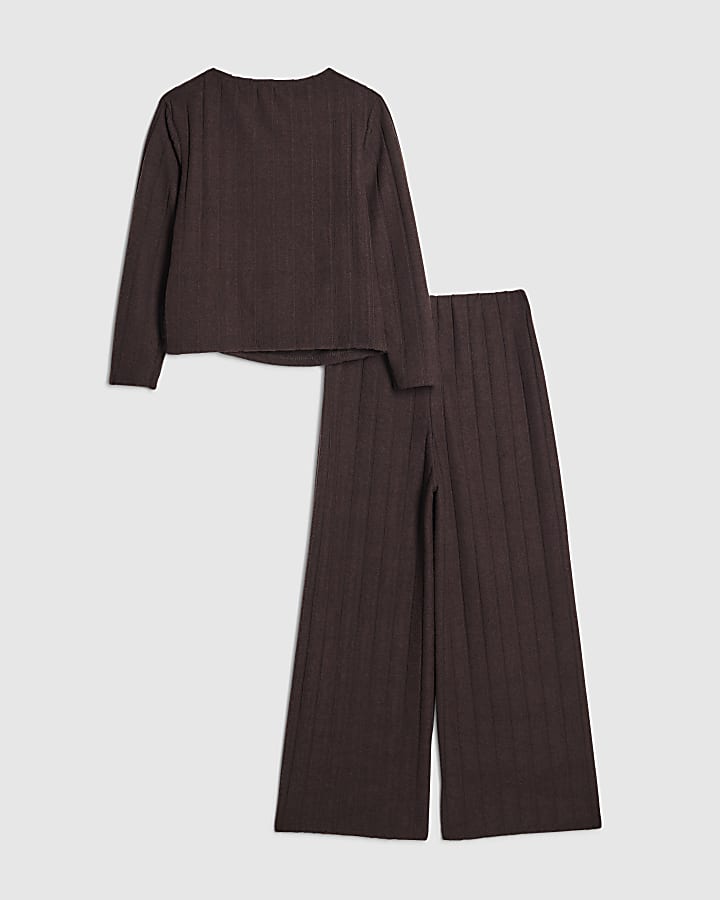 River Island Girls Brown Cosy Ribbed Top Set