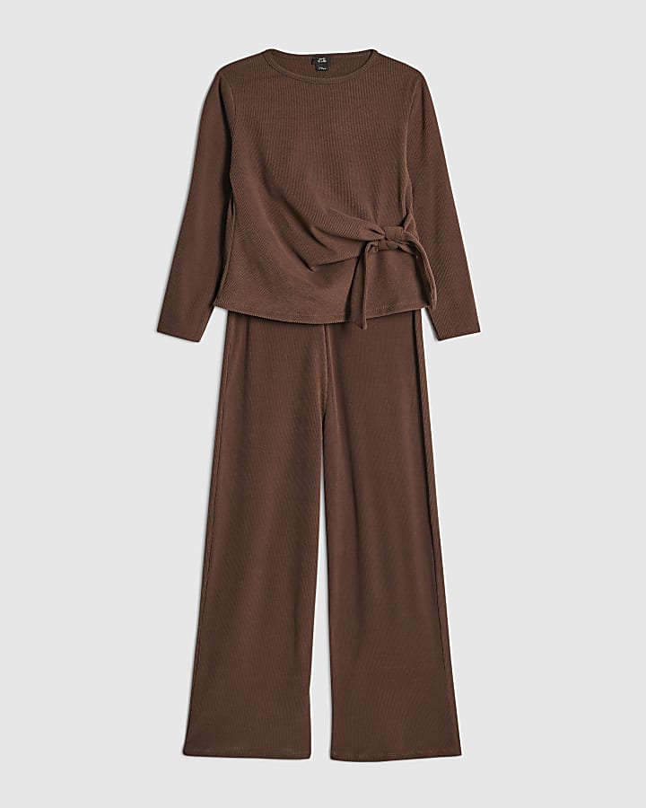 River Island Girls Brown Cosy Ribbed Top Set