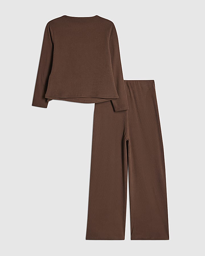 River Island Girls Brown Cosy Ribbed Top Set