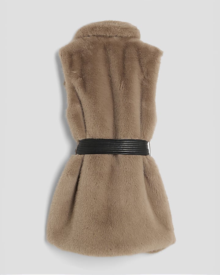 River Island Girls Brown Faux Fur Belted Gilet