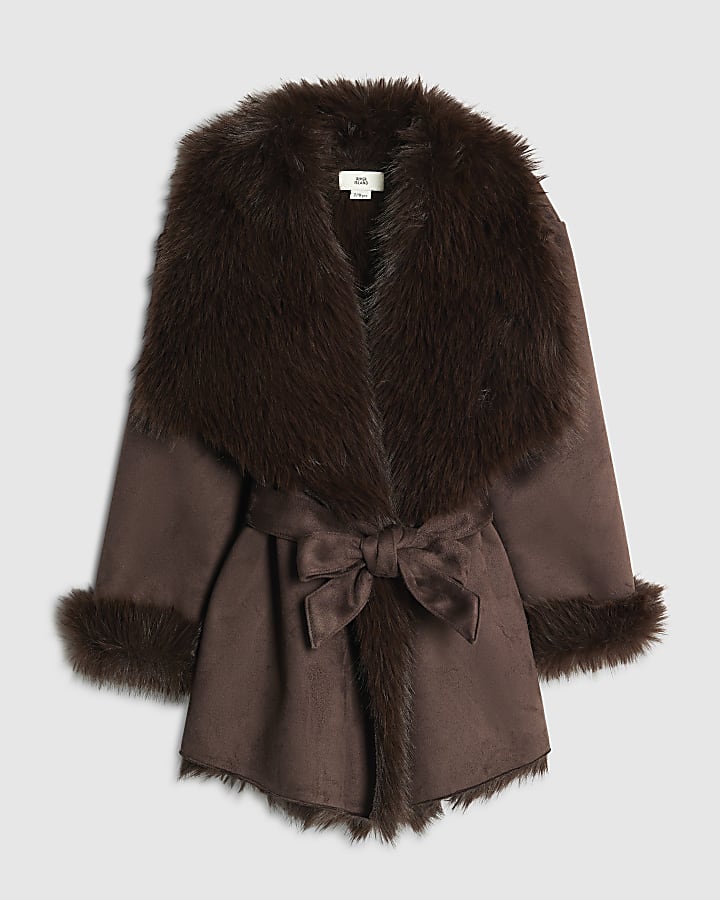 River Island Girls Brown Faux Suede Coat