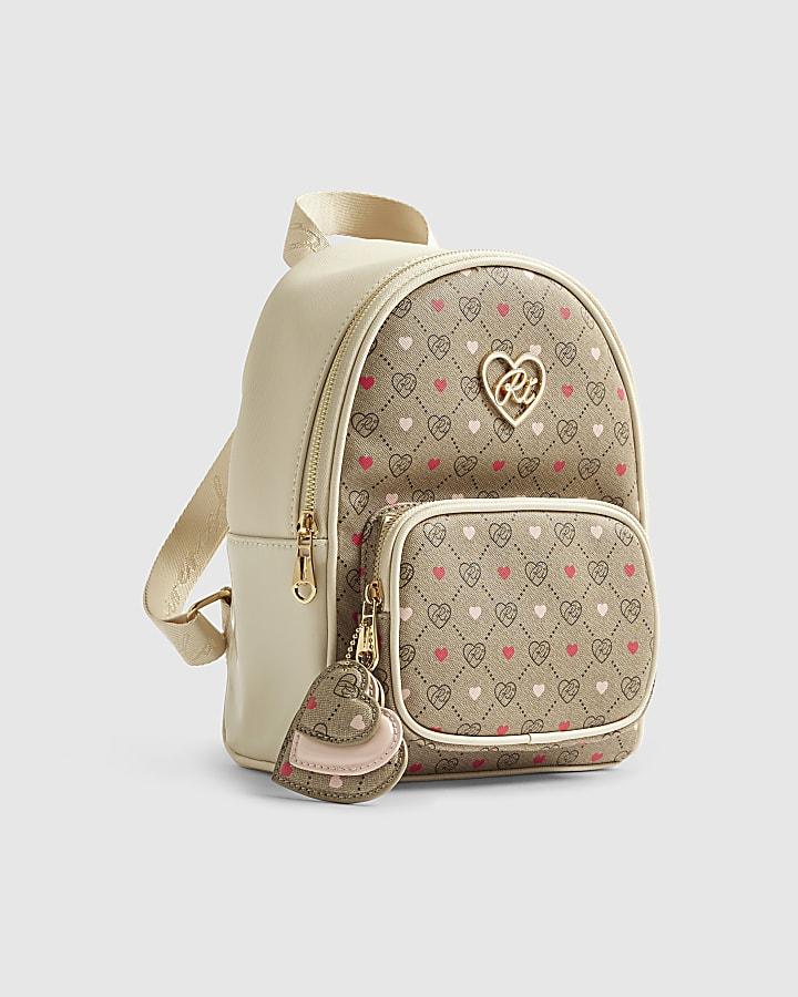 River Island Girls Brown Heart Monogram Backpack
