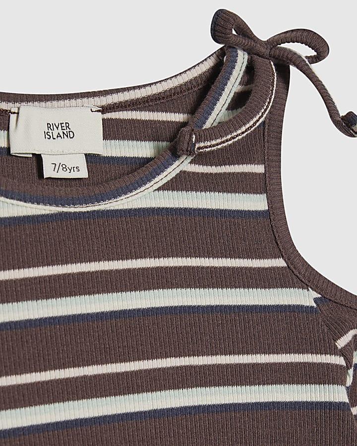 River Island Girls Brown Stripe Cold Shoulder Top