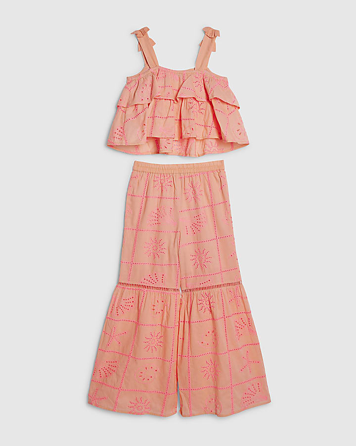 River Island Girls Coral Tiered Broderie Top Set