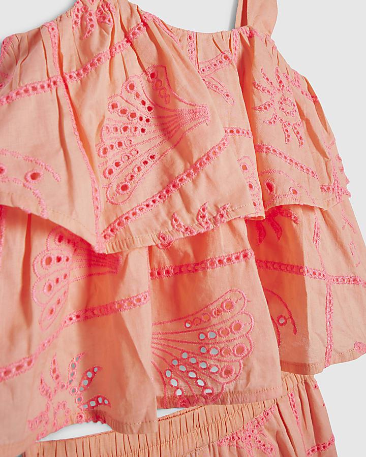 River Island Girls Coral Tiered Broderie Top Set