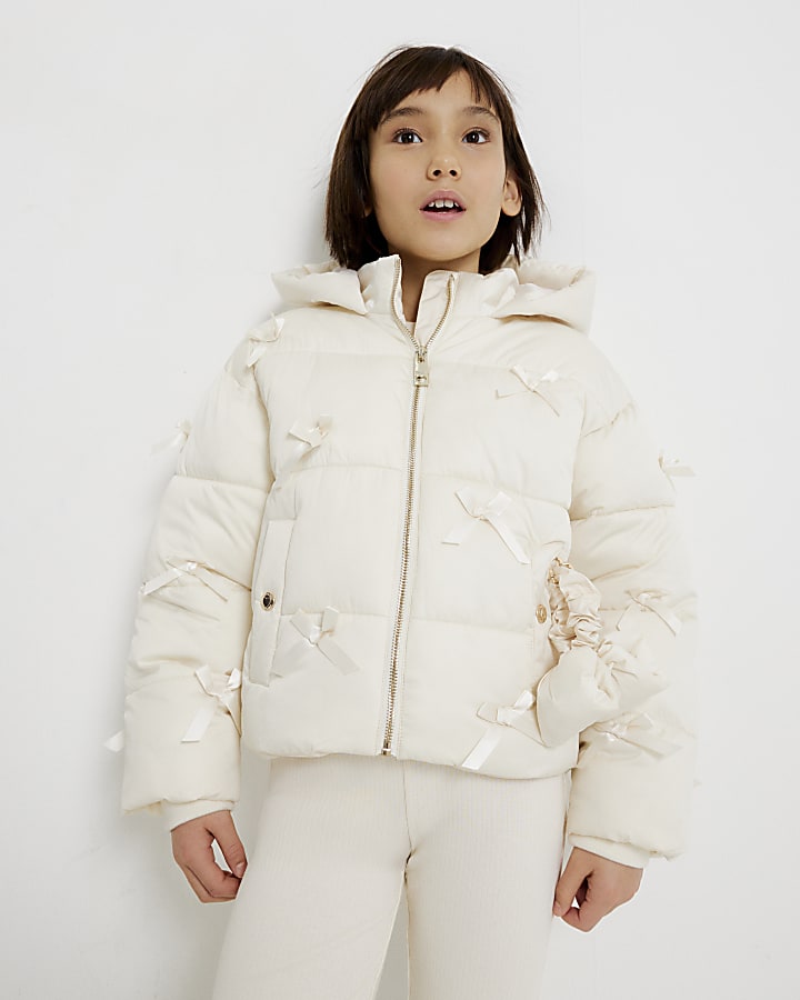 River Island Girls Cream 3D Bow Padded Jacket