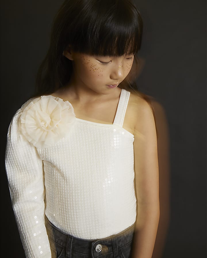 River Island Girls Cream 3D Flower Sequin Bodysuit