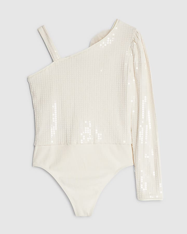 River Island Girls Cream 3D Flower Sequin Bodysuit