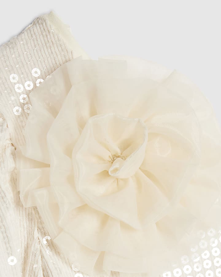 River Island Girls Cream 3D Flower Sequin Bodysuit