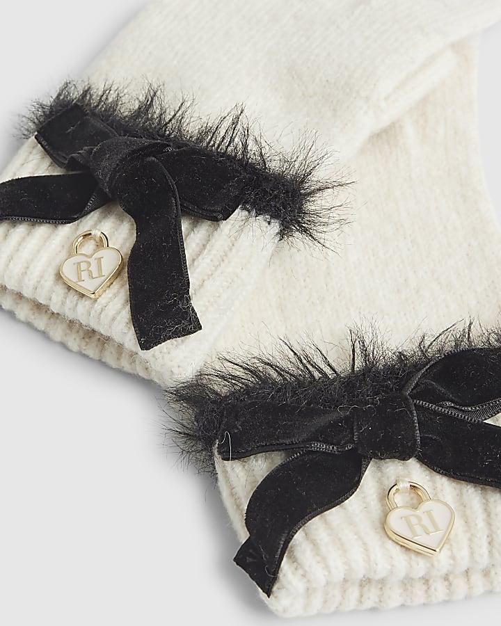 River Island Girls Cream Bow Knitted Gloves