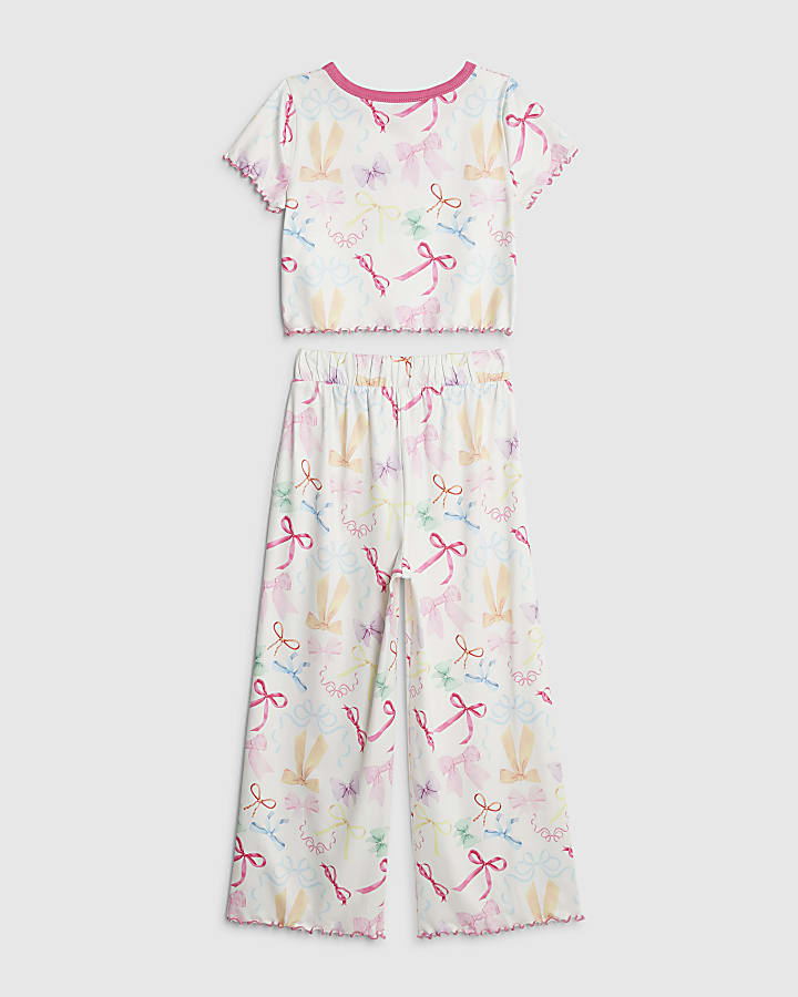 River Island Girls Cream Bow Pyjamas Set