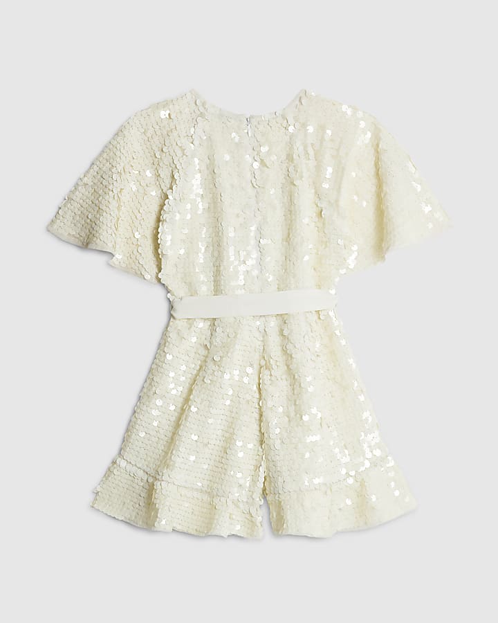 River Island Girls Cream Bow Sequin Playsuit