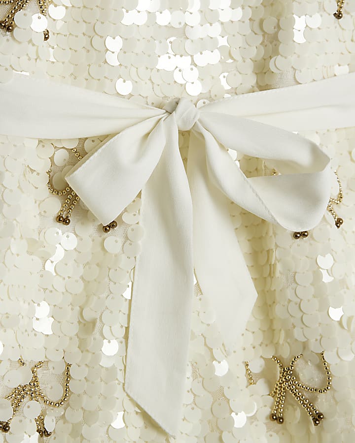 River Island Girls Cream Bow Sequin Playsuit