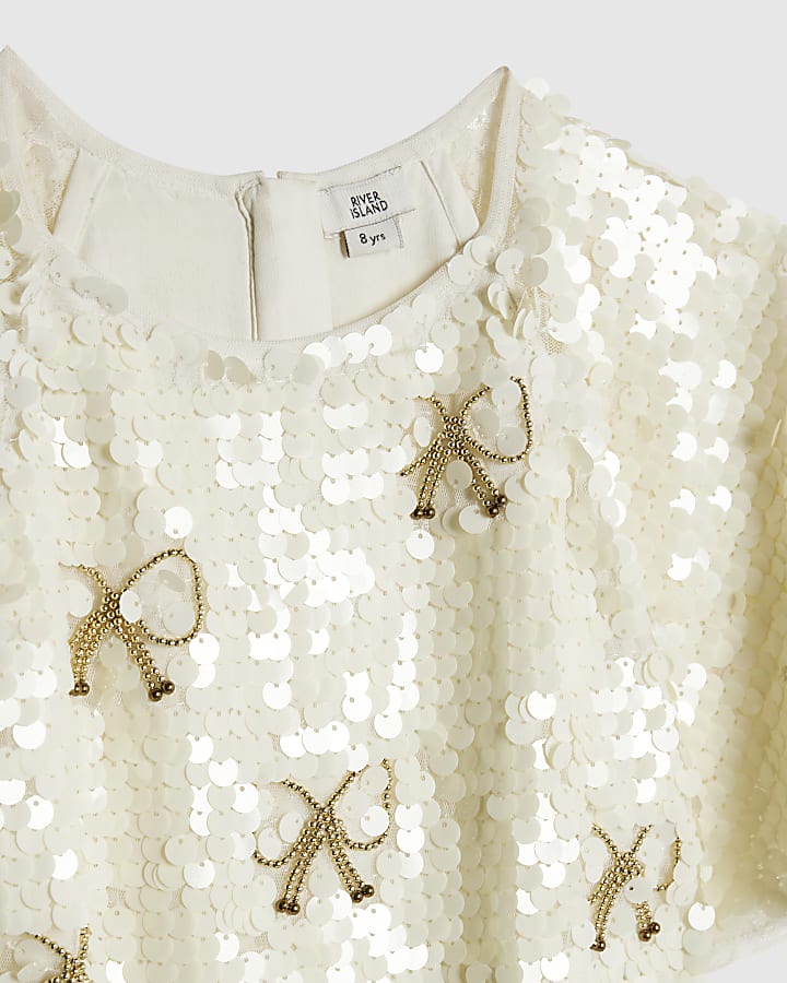 River Island Girls Cream Bow Sequin Playsuit