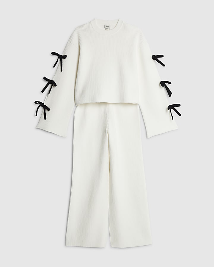 River Island Girls Cream Cut Out Bow Jumper Set