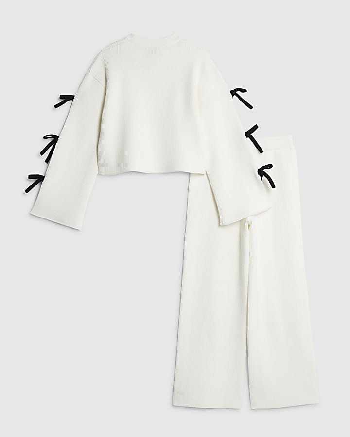 River Island Girls Cream Cut Out Bow Jumper Set