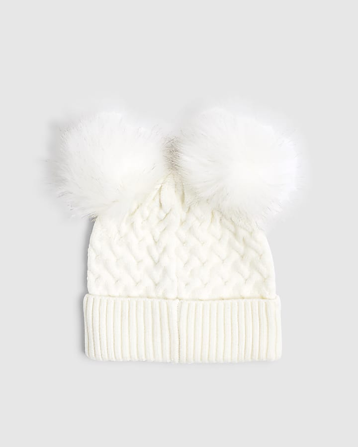 River Island Girls Cream Double Pom Beanie Hat