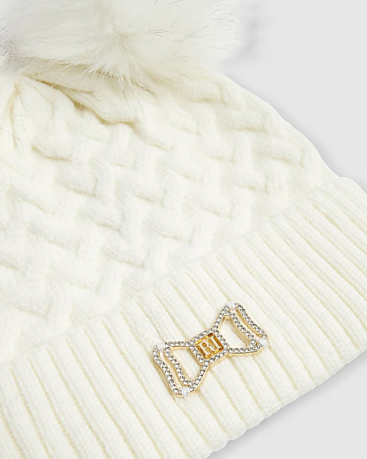 river island Girls Cream Double Pom Beanie Hat