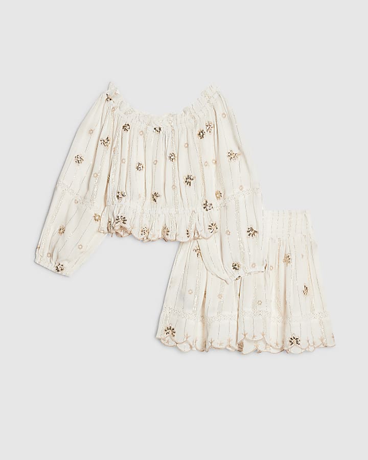 River Island Girls Cream Embroidered Skirt Set
