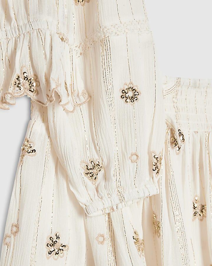 river island Girls Cream Embroidered Skirt Set