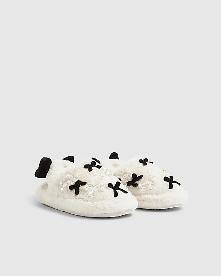 River Island Girls Cream Faux Fur Bow Slippers