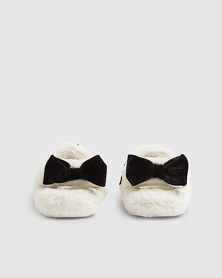River Island Girls Cream Faux Fur Bow Slippers