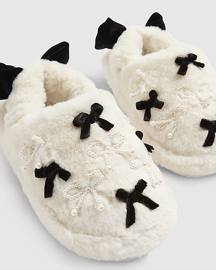 River Island Girls Cream Faux Fur Bow Slippers