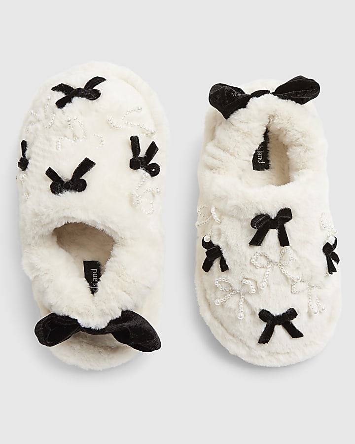river island Girls Cream Faux Fur Bow Slippers