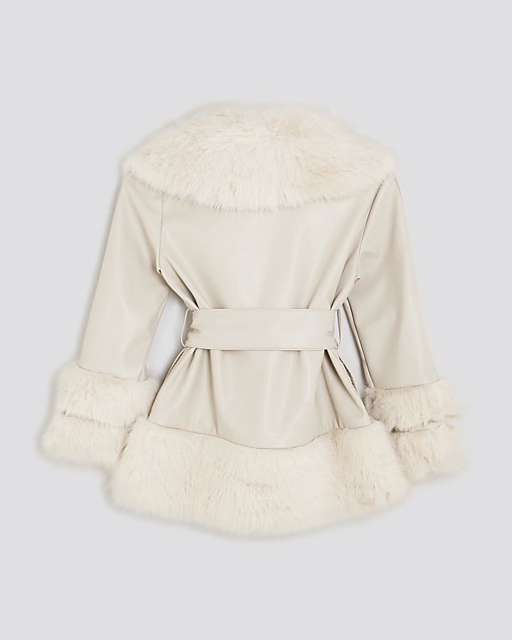 River Island Girls Cream Faux Fur Wrap Coat