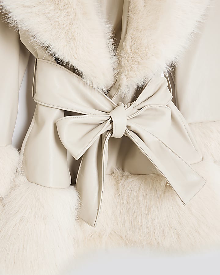 River Island Girls Cream Faux Fur Wrap Coat