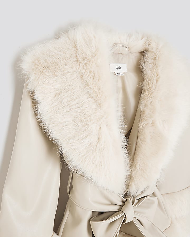 river island Girls Cream Faux Fur Wrap Coat